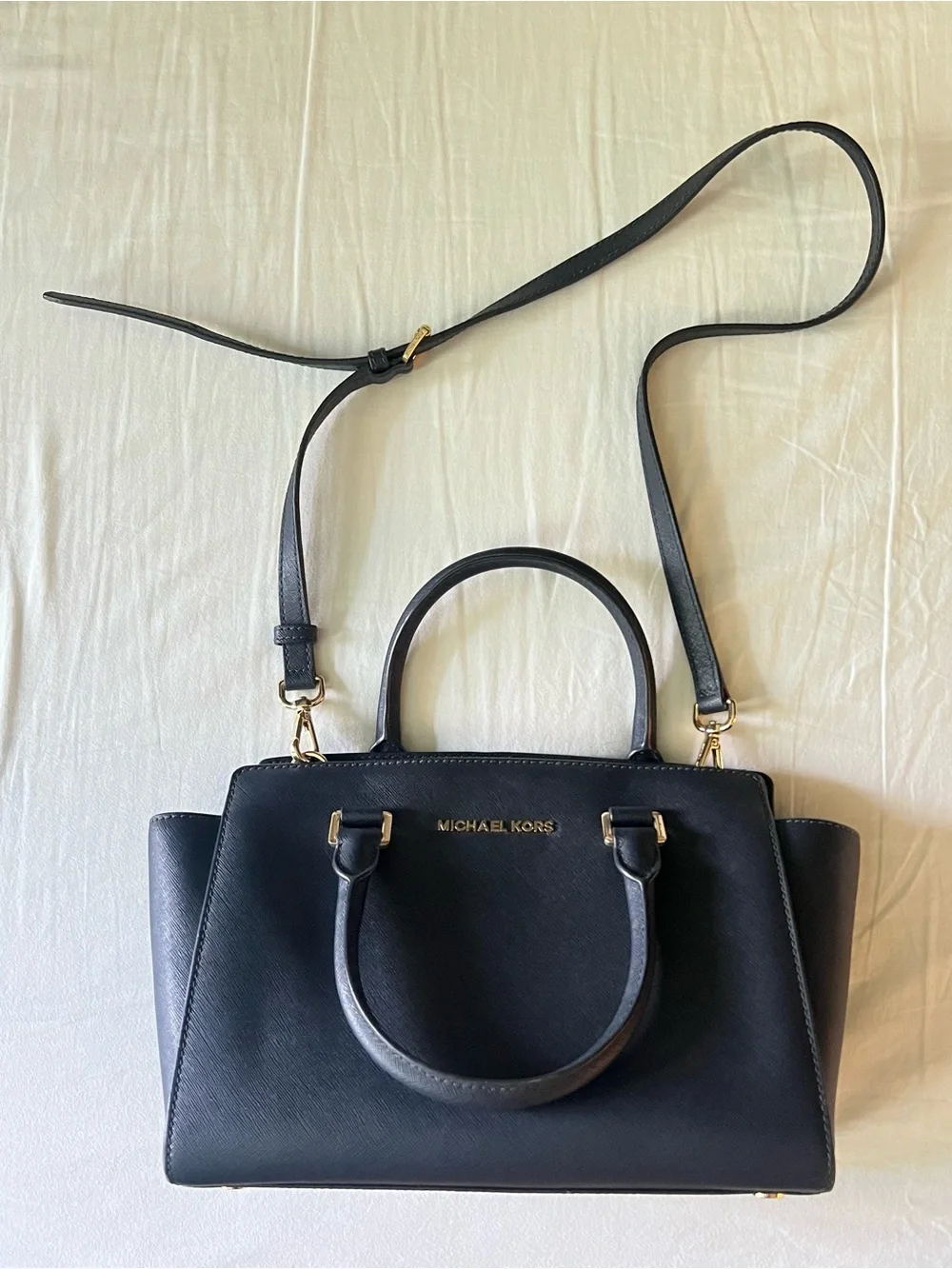 Michael Kors Navy Saffiano Leather Satchel with Gold Hardware